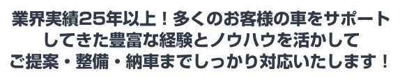 業界実績25年以上！多くのお客様の車をサポートしてきた豊富な経験とノウハウを活かしてご提案・整備・納車までしっかり対応いたします！